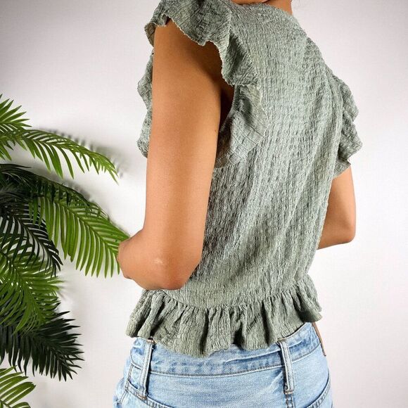 Vintage Green Cottagecore Coquette Ruffle Short Sleeve Cropped Top / XS - Picture 2 of 7
